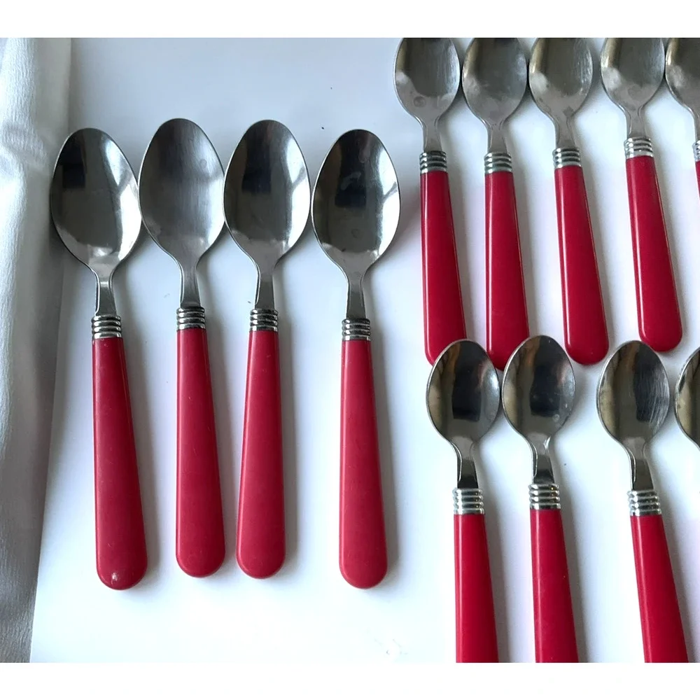 19pc Red Handle Stainless Steel Tablespoon Teaspoon Lot Retro MCM